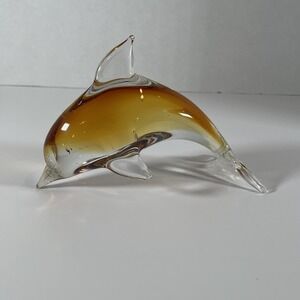 Vintage Murano Style Art Glass Dolphin Figurine-Hand blown Amber and Clear Glass